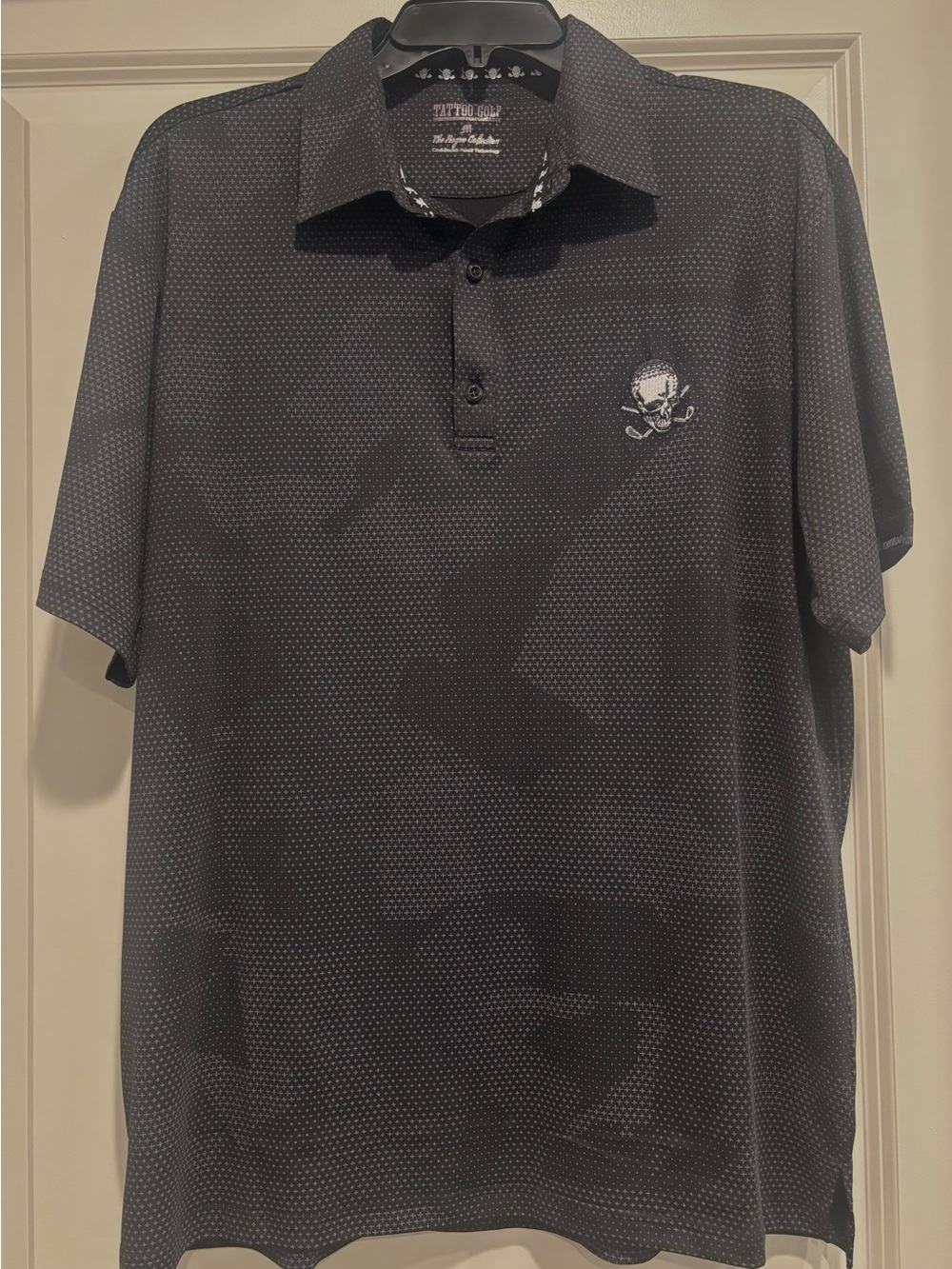 Tattoo Golf Black Microdot Polo Shirt with Skull Logos, Coolstretch Fabric M